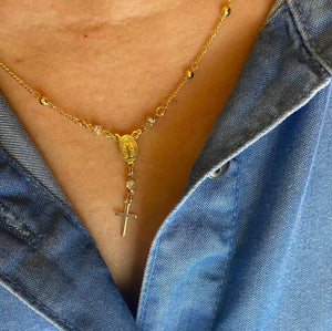 18k Gold Filled Rosary Ball Chain and Small Plain Cross Confirmation Anniversary Miraculous Dainty Necklace Wholesale And Jewelry Supply