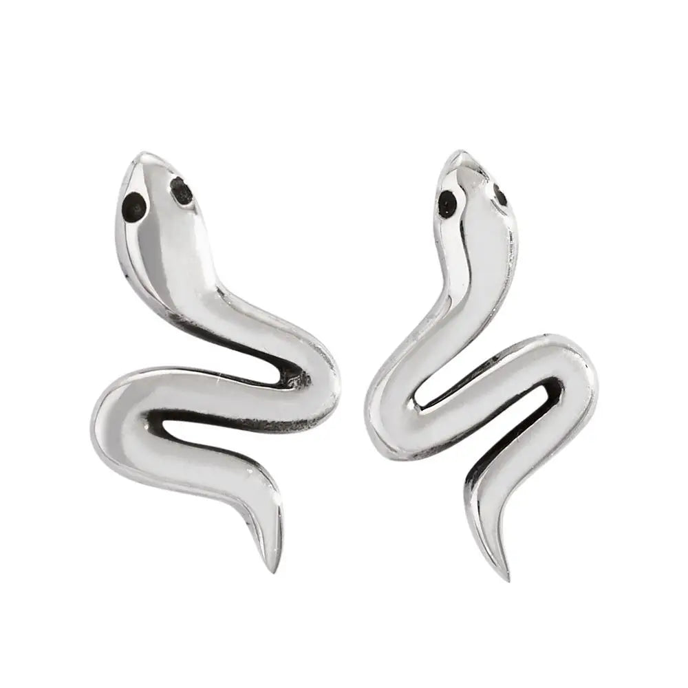 Silver snake-shaped earrings on a white background. E4882