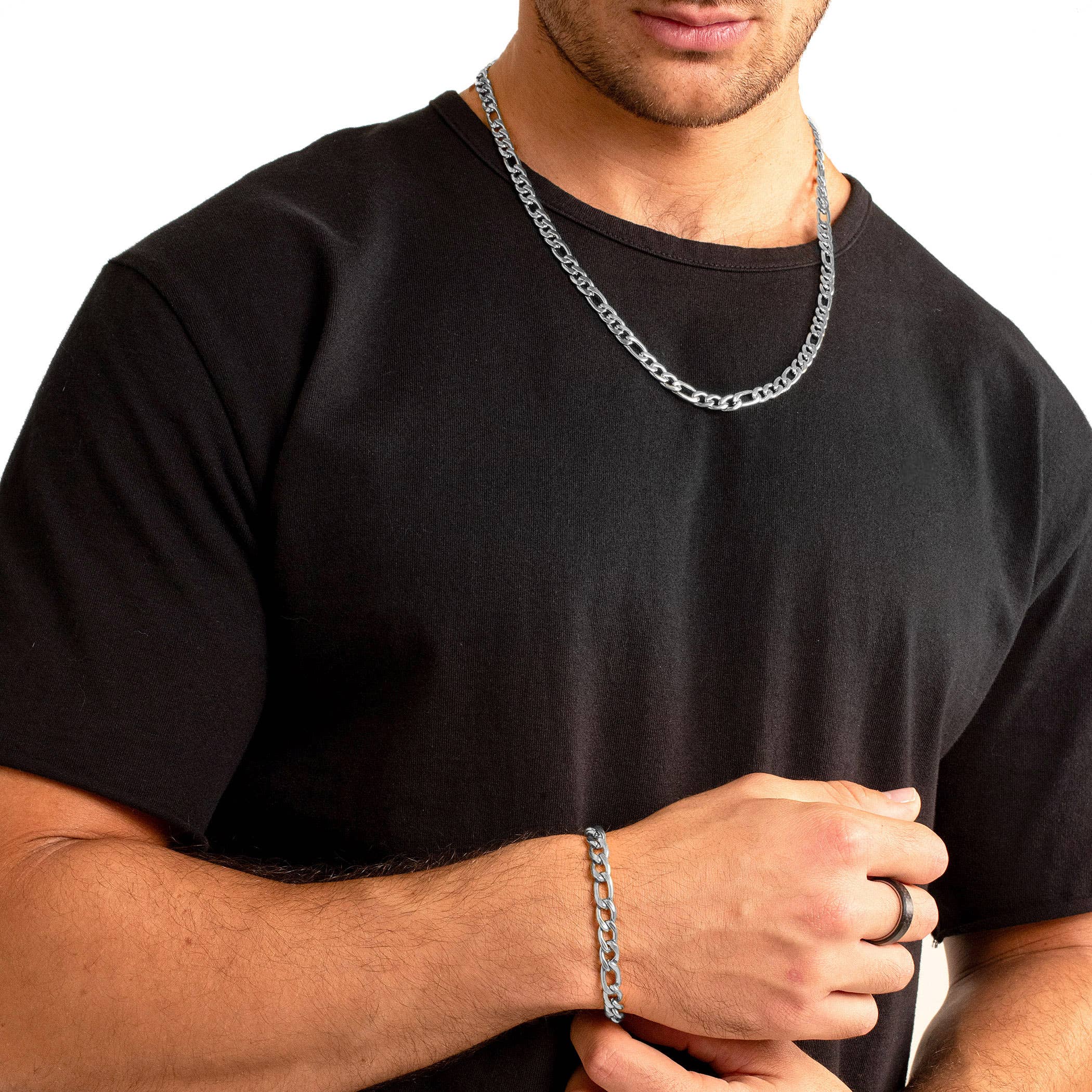 Men's Figaro Chain Bracelet and Necklace Set: Black