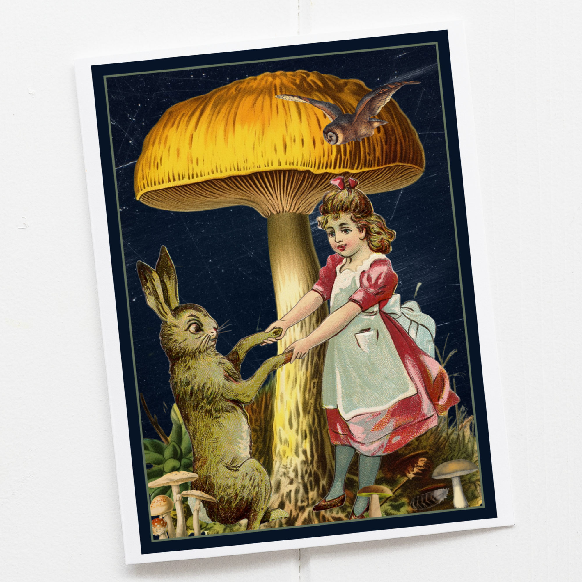 Card. Vintage Girl Rabbit Mushroom Owl. Greeting Card.