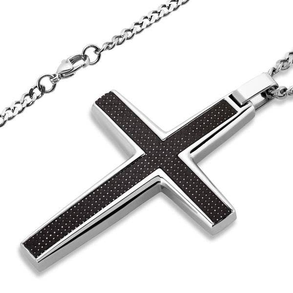 Men's Large Stainless Steel Carbon Fiber Cross Pendant: Blue