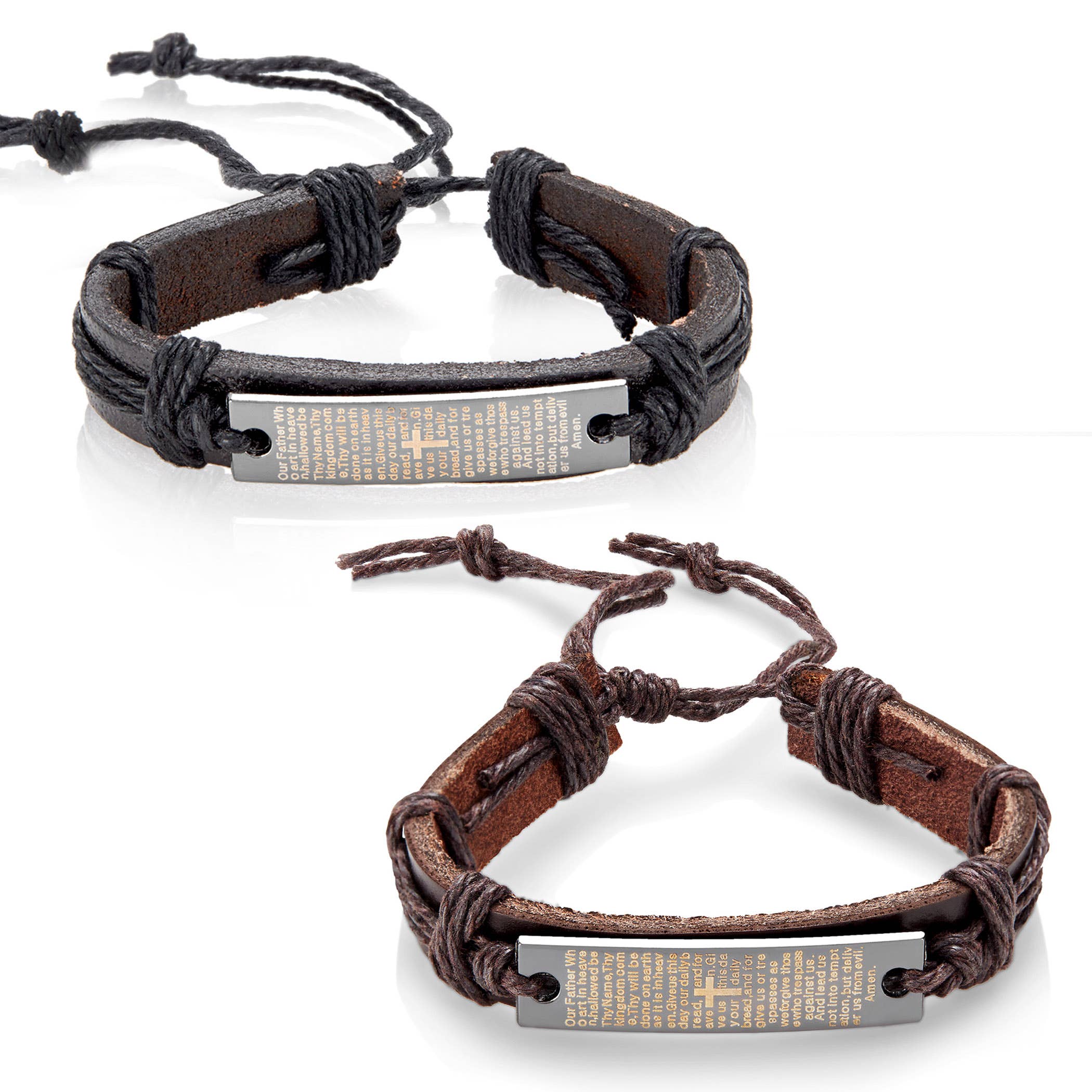 Crucible Men's Leather Lord's Prayer Adjustable Bracelet: Brown, Black