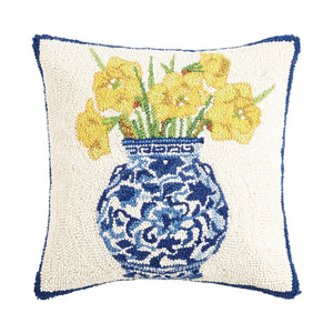 Chinoiserie Vase Daffodils Hook Pillow - Blue and White