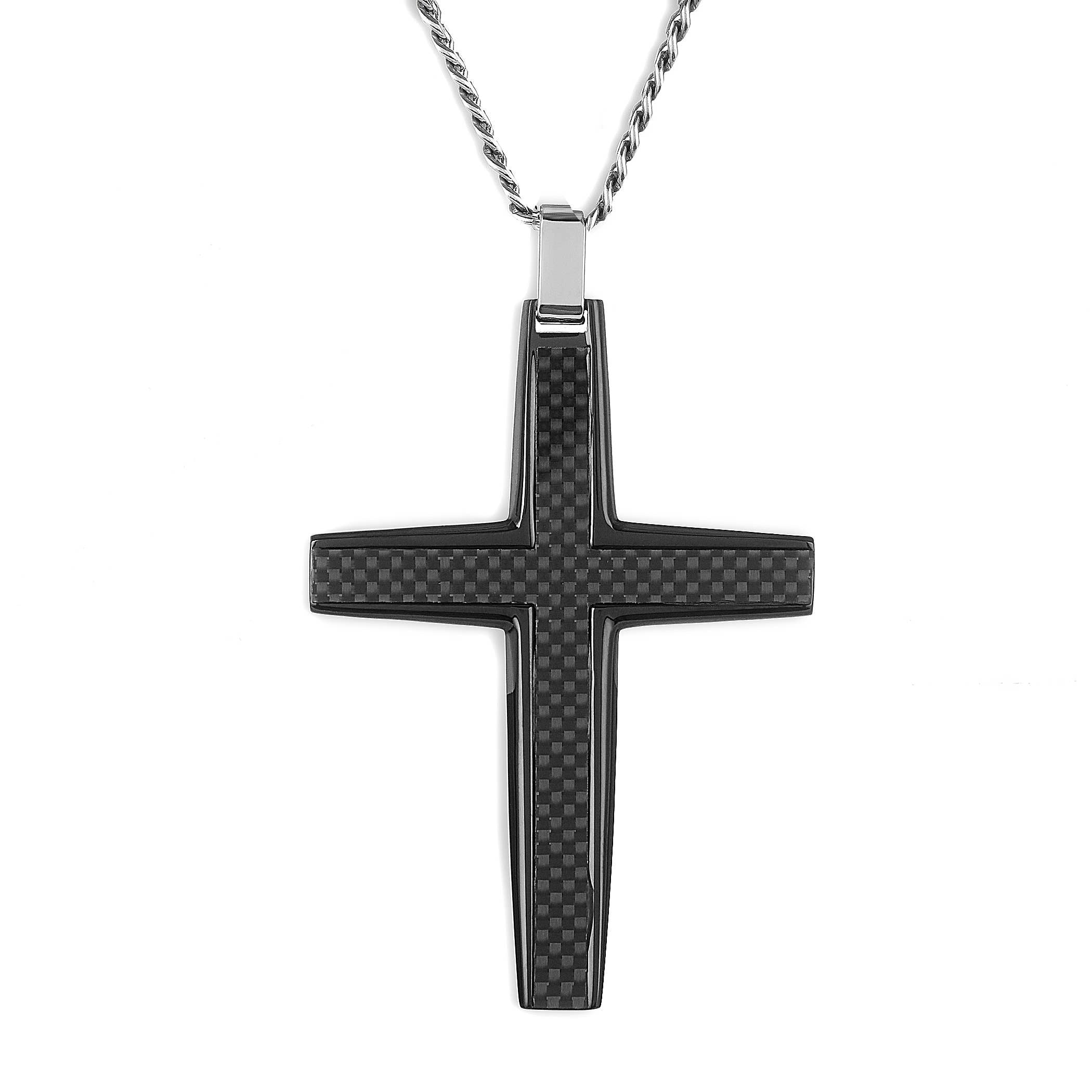 Men's Large Stainless Steel Carbon Fiber Cross Pendant: Blue