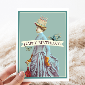 Happy Birthday. Vintage Style with Cake Hat. Greeting Card.