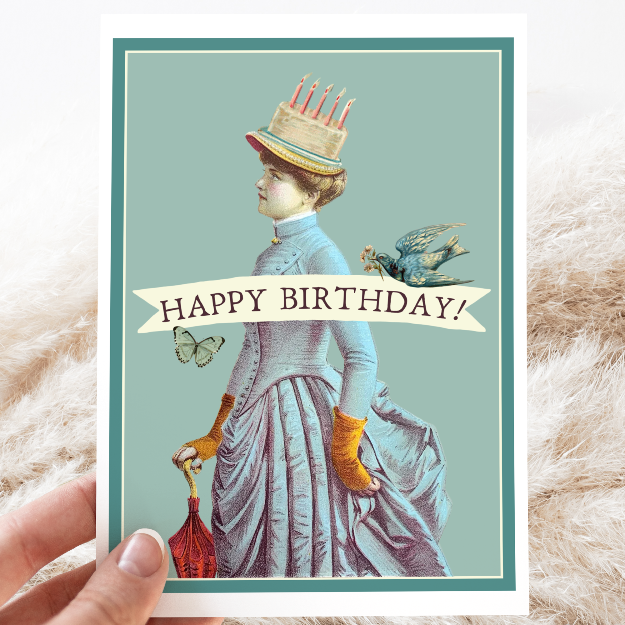 Happy Birthday. Vintage Style with Cake Hat. Greeting Card.