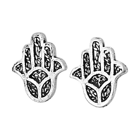 Silver Hamsa hand earrings on a white background. Handcrafted Sterling Silver Hamsa Stud Earrings
at Victoria Susan