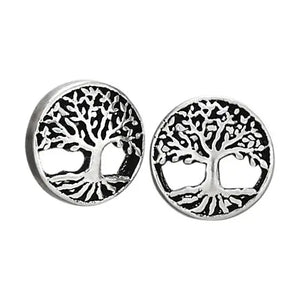 Pair of silver tree-shaped earrings on a white background