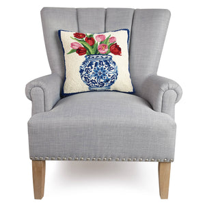 Chinoiserie Vase Tulips Hook Decorative Throw Pillow - Blue & White