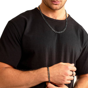 Men's Figaro Chain Bracelet and Necklace Set: Black