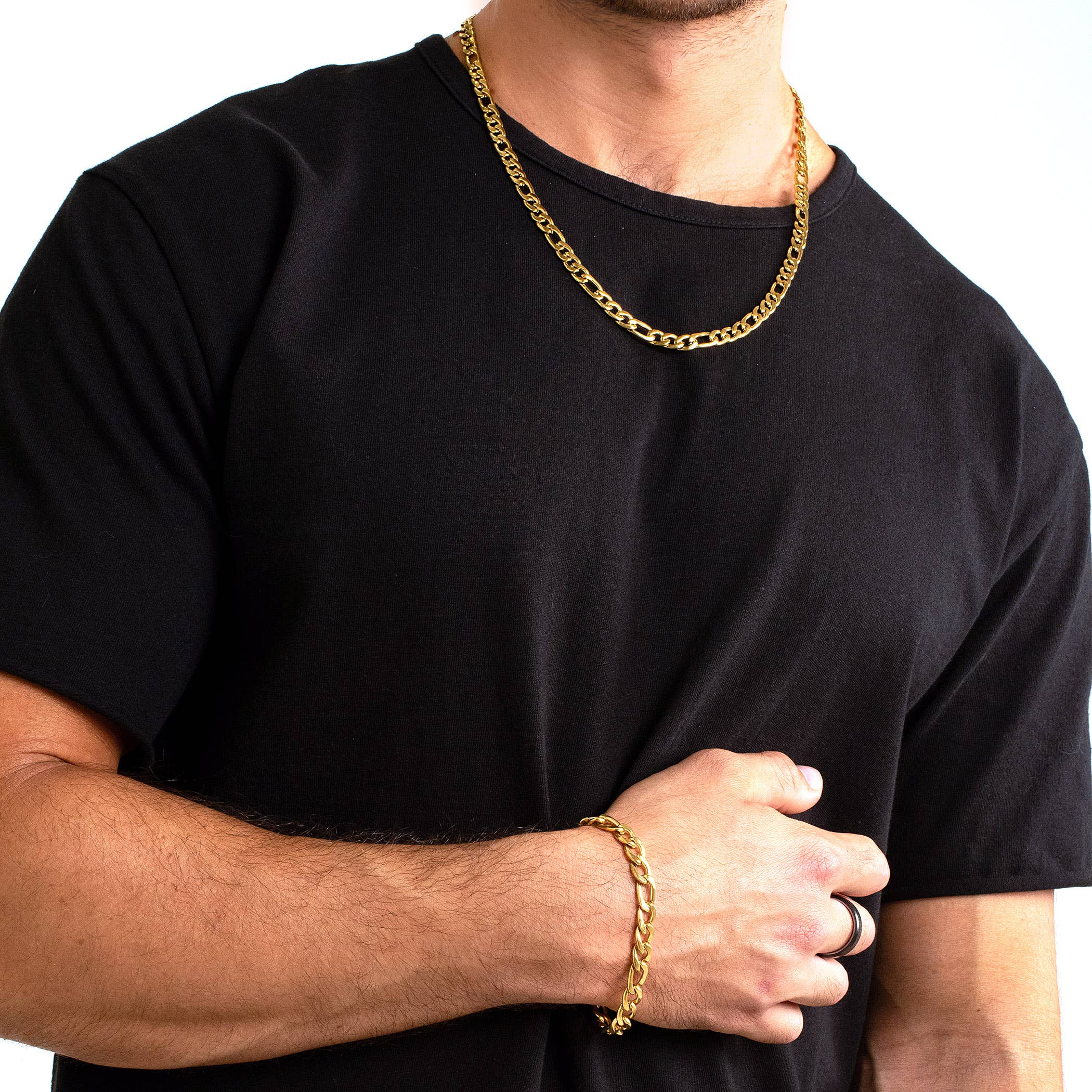 Men's Figaro Chain Bracelet and Necklace Set: Black