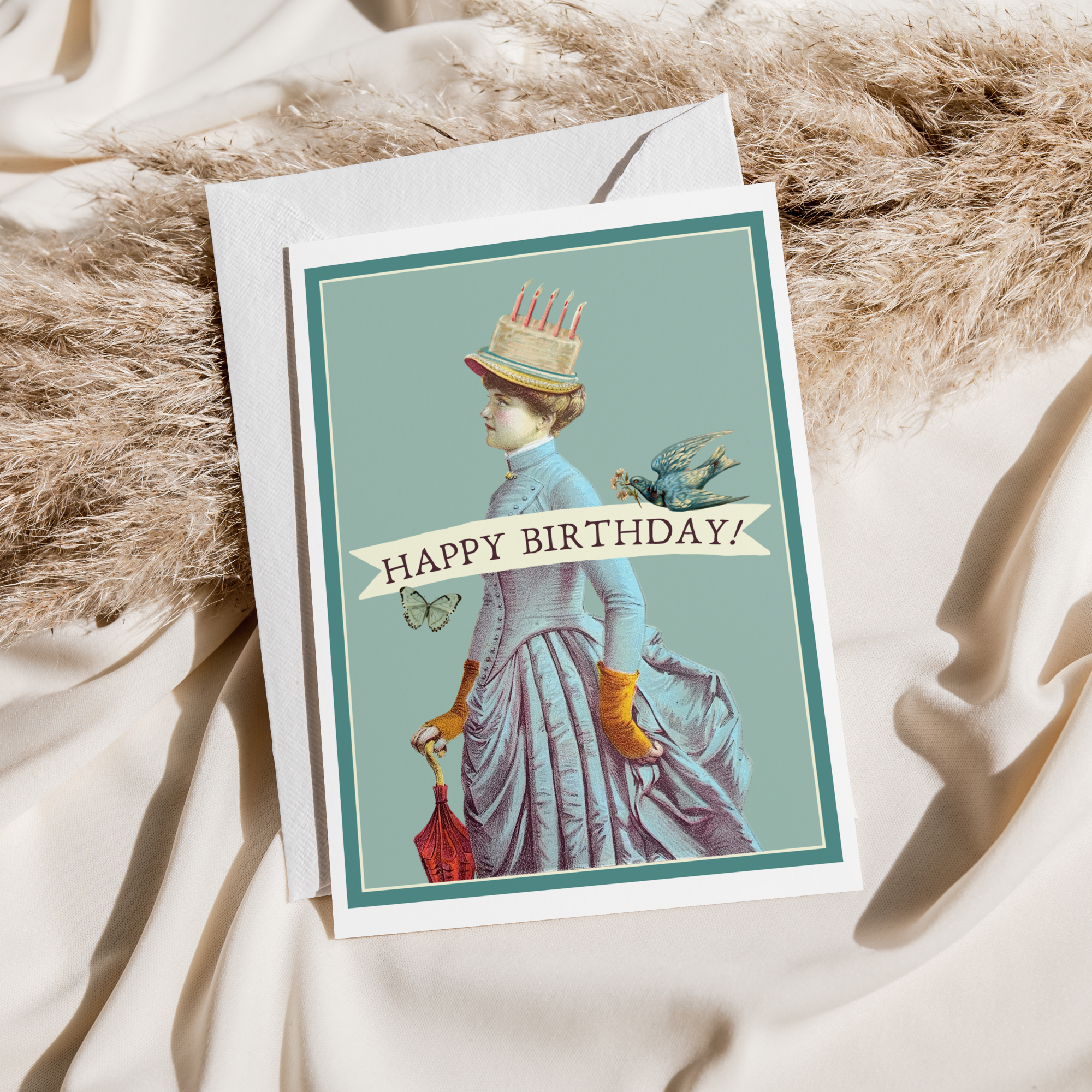 Happy Birthday. Vintage Style with Cake Hat. Greeting Card.