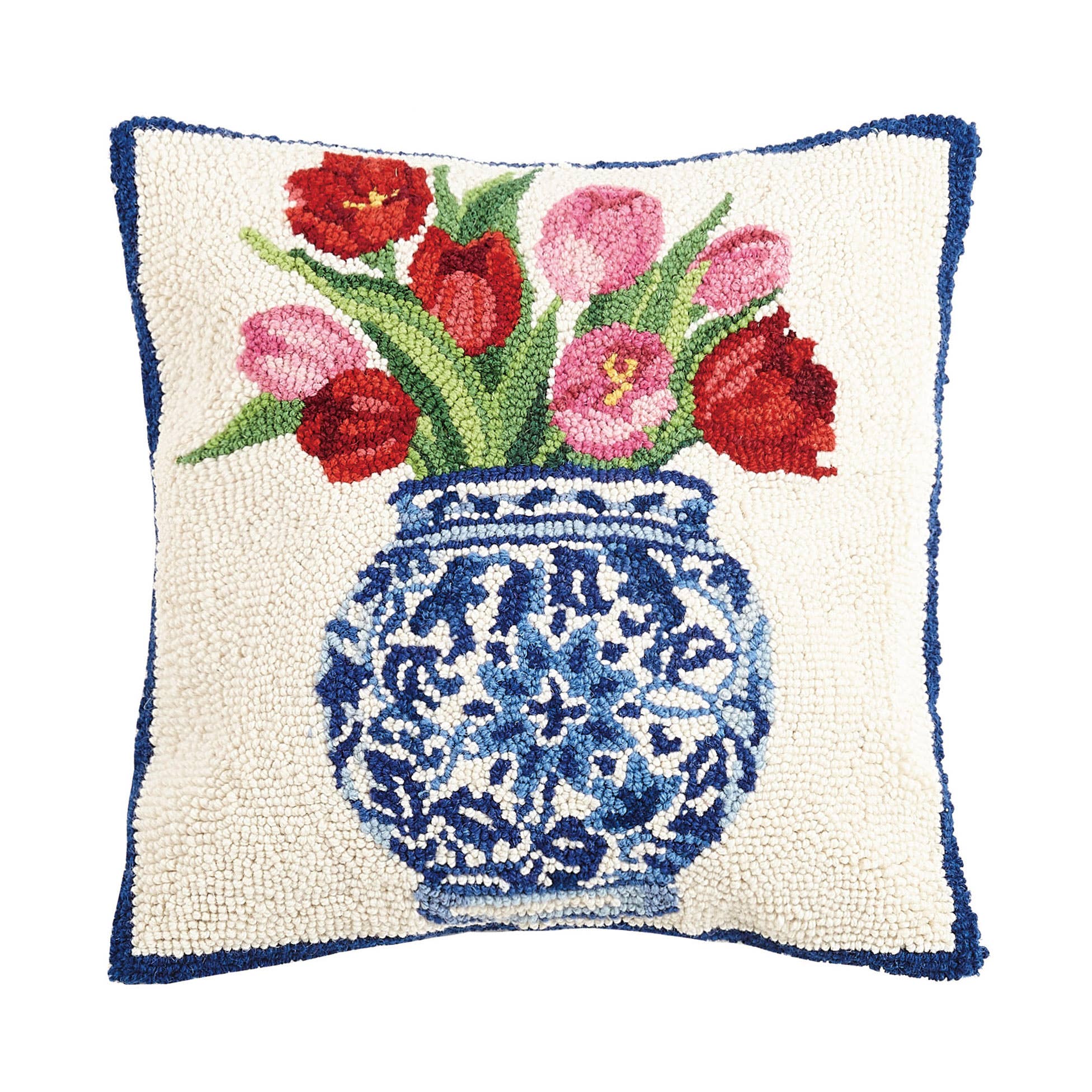 Chinoiserie Vase Tulips Hook Decorative Throw Pillow - Blue & White