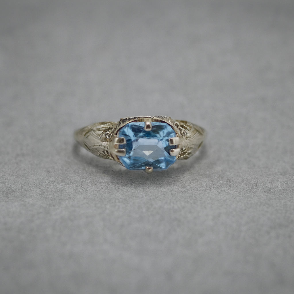 Edwardian Blue Spinel Filigree Birthstone Ring in 14k White Gold CPJ-RE 11202025