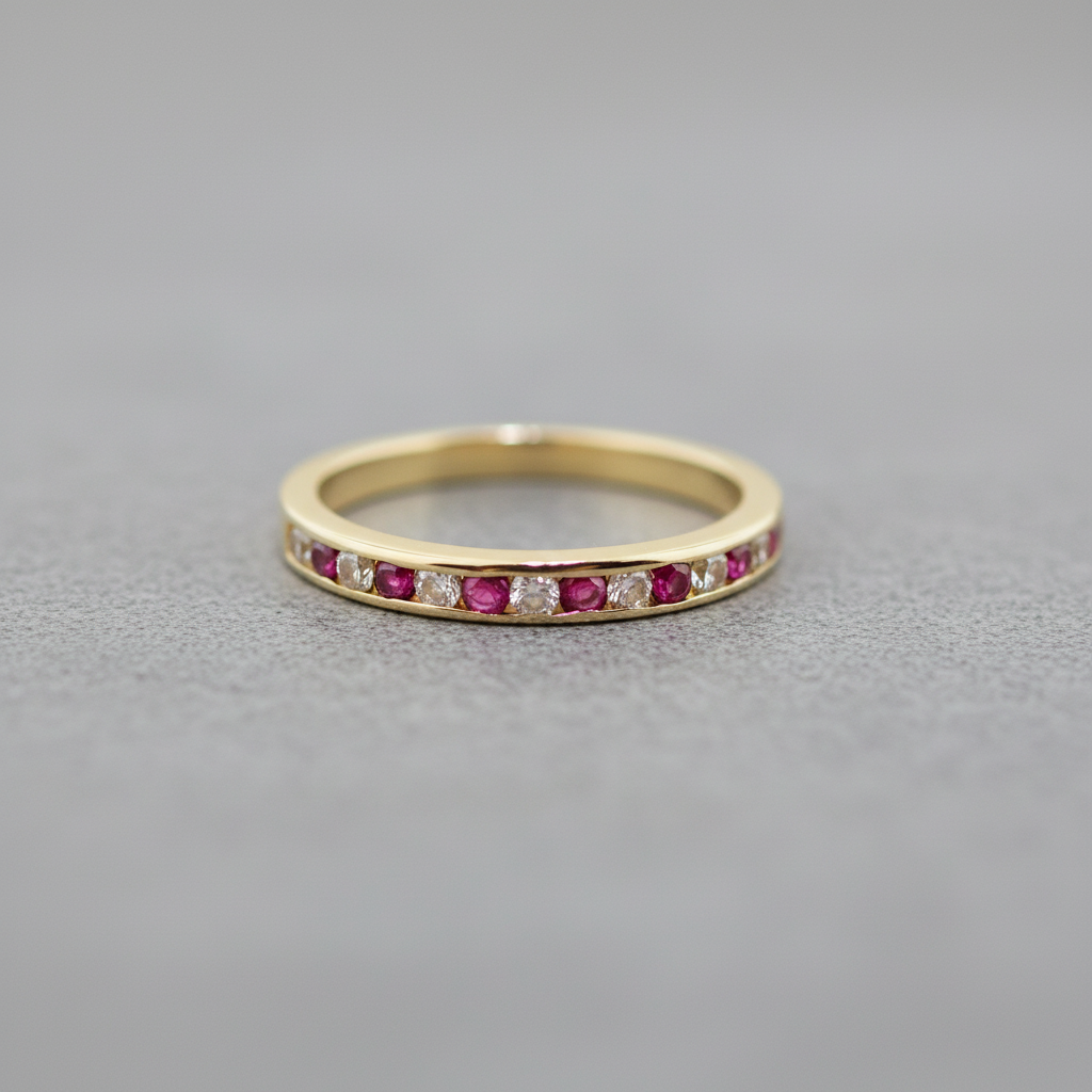 Gold ring with embedded red and clear stones on a white background. Shop curated jewelry and antiques at Rutledge Exchange in Camden, SC.&nbsp;