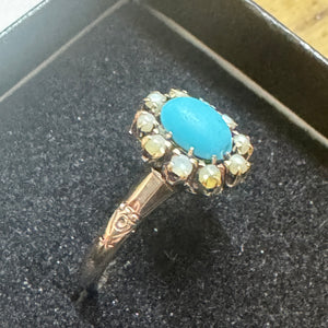 Victorian Turquoise Cabochon and Seed Pearl Ring in 10k Rose Gold
