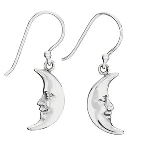 Silver moon-shaped earrings with face designs on a white background. Orbiting Sterling Silver Crescent Moon Earrings | Sterling Silver - #E4810