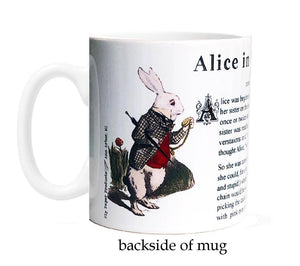 The Alice in Wonderland Ceramic Mug features the first lines of this beloved book and illustrations of everyone's favorite characters from literature. Each mug is 11 ounces and is packaged in a luxe gift box. All of our literary themed products are made in our Ann Arbor, MI studios. 11 Ounce Ceramic Mug Dishwasher and Microwave Safe Comes packaged in a luxe gift box Made in Ann Arbor, Michigan