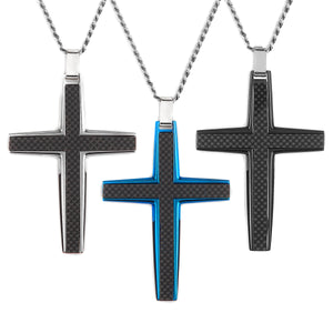 Men's Large Stainless Steel Carbon Fiber Cross Pendant: Blue