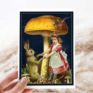 Card. Vintage Girl Rabbit Mushroom Owl. Greeting Card.