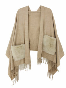 Staff Recommends-Cashmere Blend Scarf/Shawl with Fur Pockets: Grey