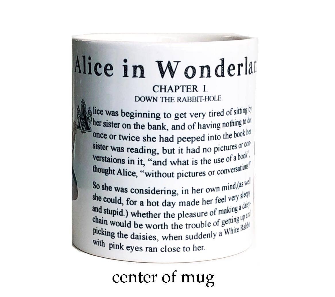 The Alice in Wonderland Ceramic Mug features the first lines of this beloved book and illustrations of everyone's favorite characters from literature. Each mug is 11 ounces and is packaged in a luxe gift box. All of our literary themed products are made in our Ann Arbor, MI studios. 11 Ounce Ceramic Mug Dishwasher and Microwave Safe Comes packaged in a luxe gift box Made in Ann Arbor, Michigan