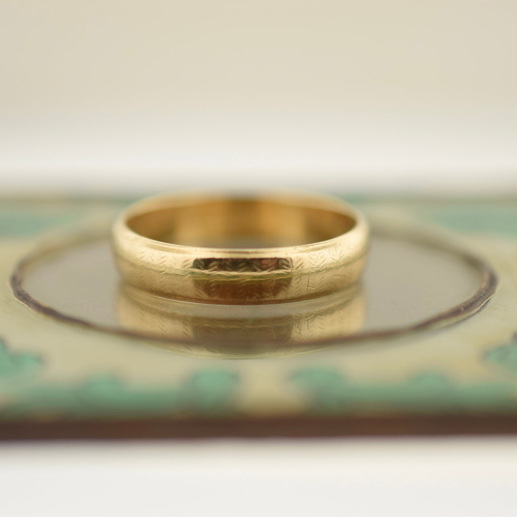 14k Vintage Stacking Band Mid-Century Lovecraft Patterned Wedding Ring 5mm Sz 11 MCM