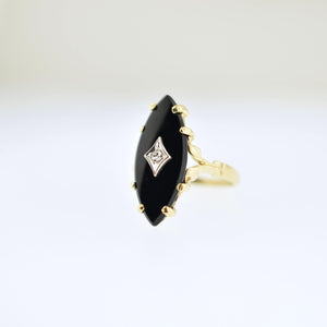 10k Onyx Diamond Navette Ring Yellow Gold - Unusual Elongated Size- MCM Mid Century