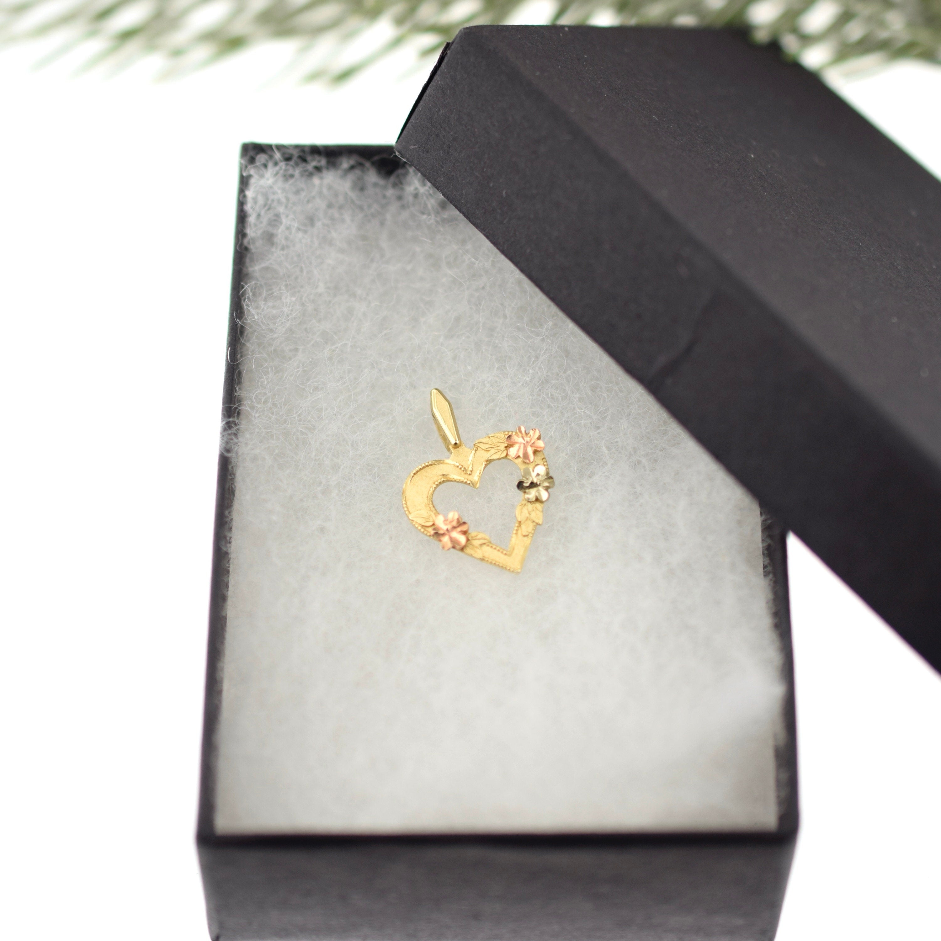 14k Heart Pendant Black Hills Gold Flower Pendant - Charm for Bracelet