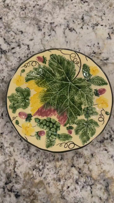 Vintage 8” Majolica Plate West Germany 3778 Grape Strawberry Leaves Yellow