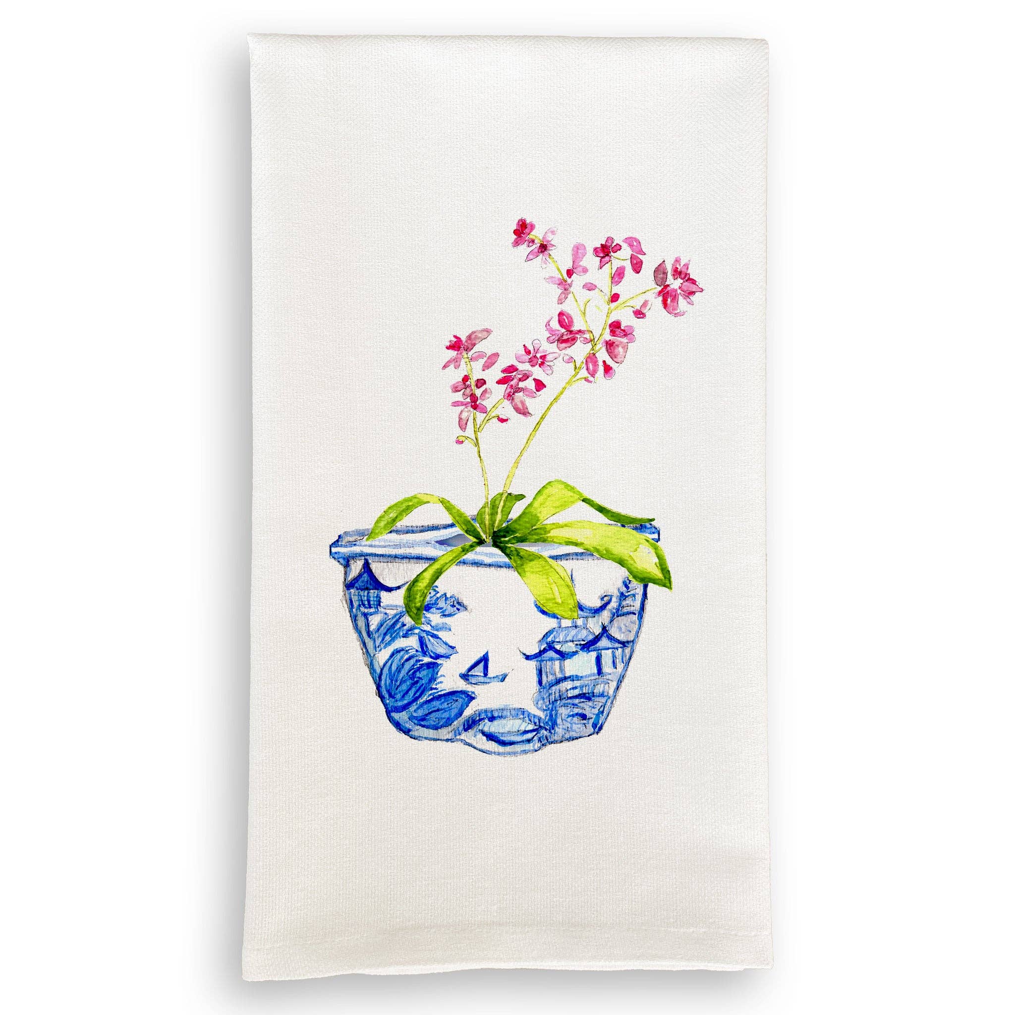 Blue & White Bowl with Pink Orchid Dishtowel