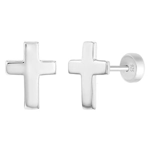 Youth 925 Sterling Silver Small Religious Plain Cross Safety Earrings
