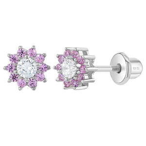 Pink & Clear CZ Flower Kids Girls Earrings - Sterling Silver