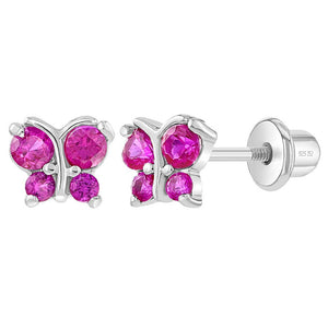 Round CZ Butterfly Baby Toddler Earrings - Sterling Silver