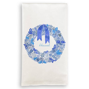 Blue Wreath with Blessed  Dishtowel -  Blue and White Christmas