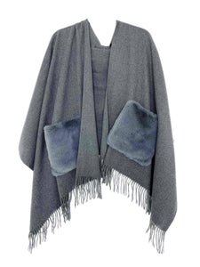Staff Recommends-Cashmere Blend Scarf/Shawl with Fur Pockets: Grey