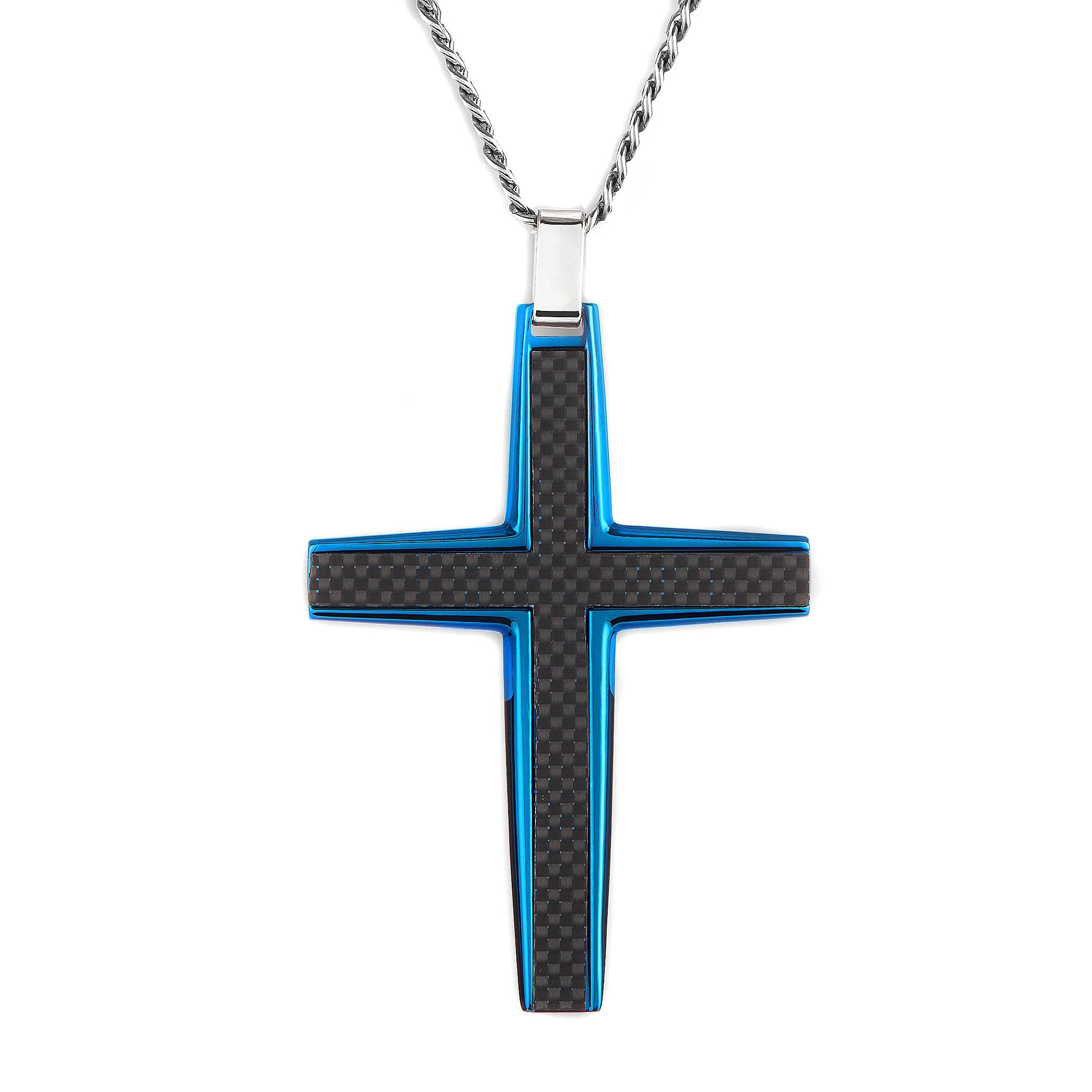 Men's Large Stainless Steel Carbon Fiber Cross Pendant: Blue