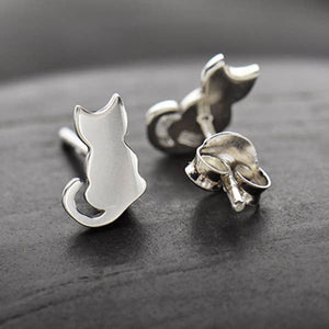 Sterling Silver Tiny Cat Stud Earrings 9x6mm