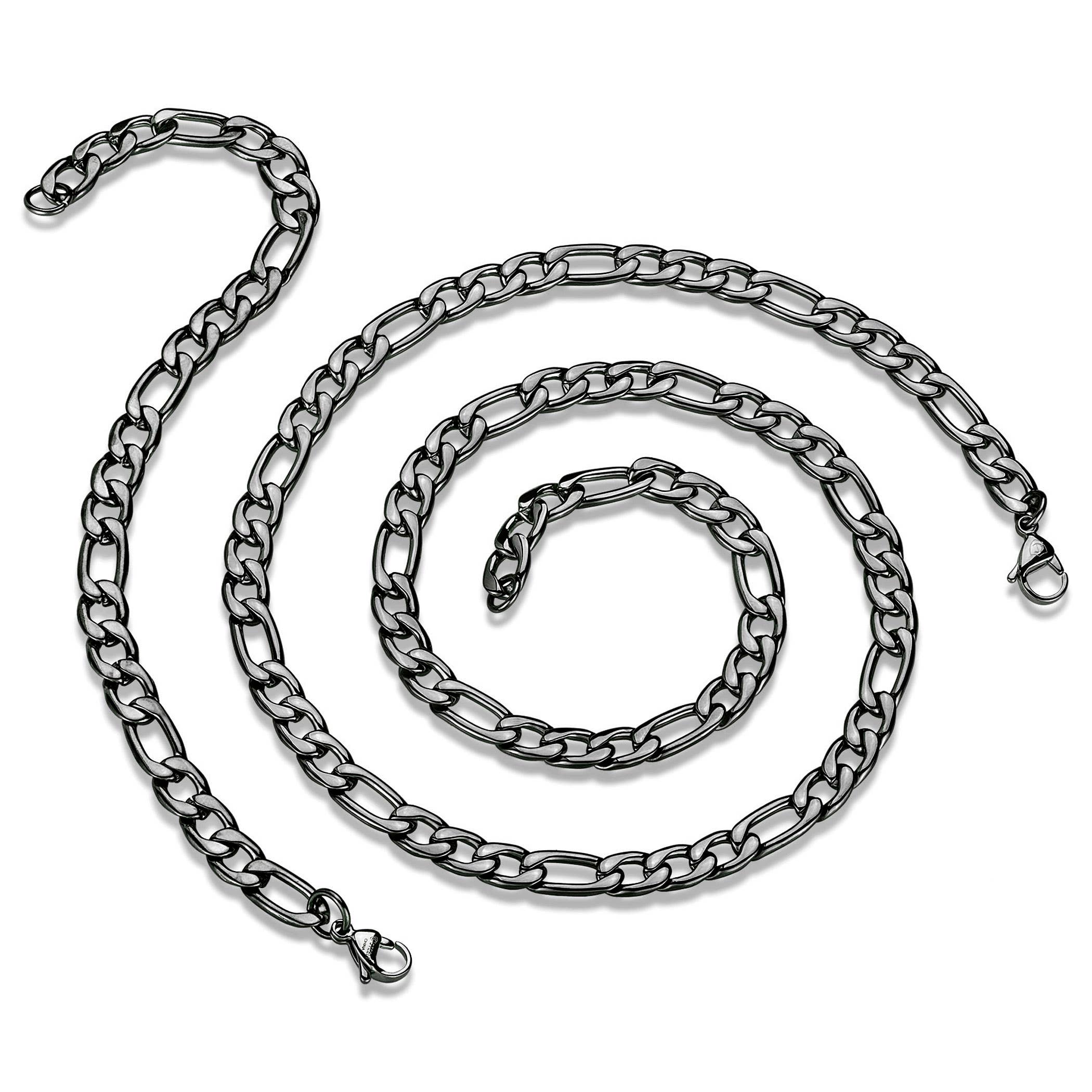 Men's Figaro Chain Bracelet and Necklace Set: Black