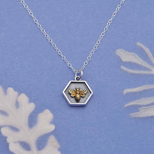Silver 18 Inch Hexagon and Bronze Bee Charm Necklace