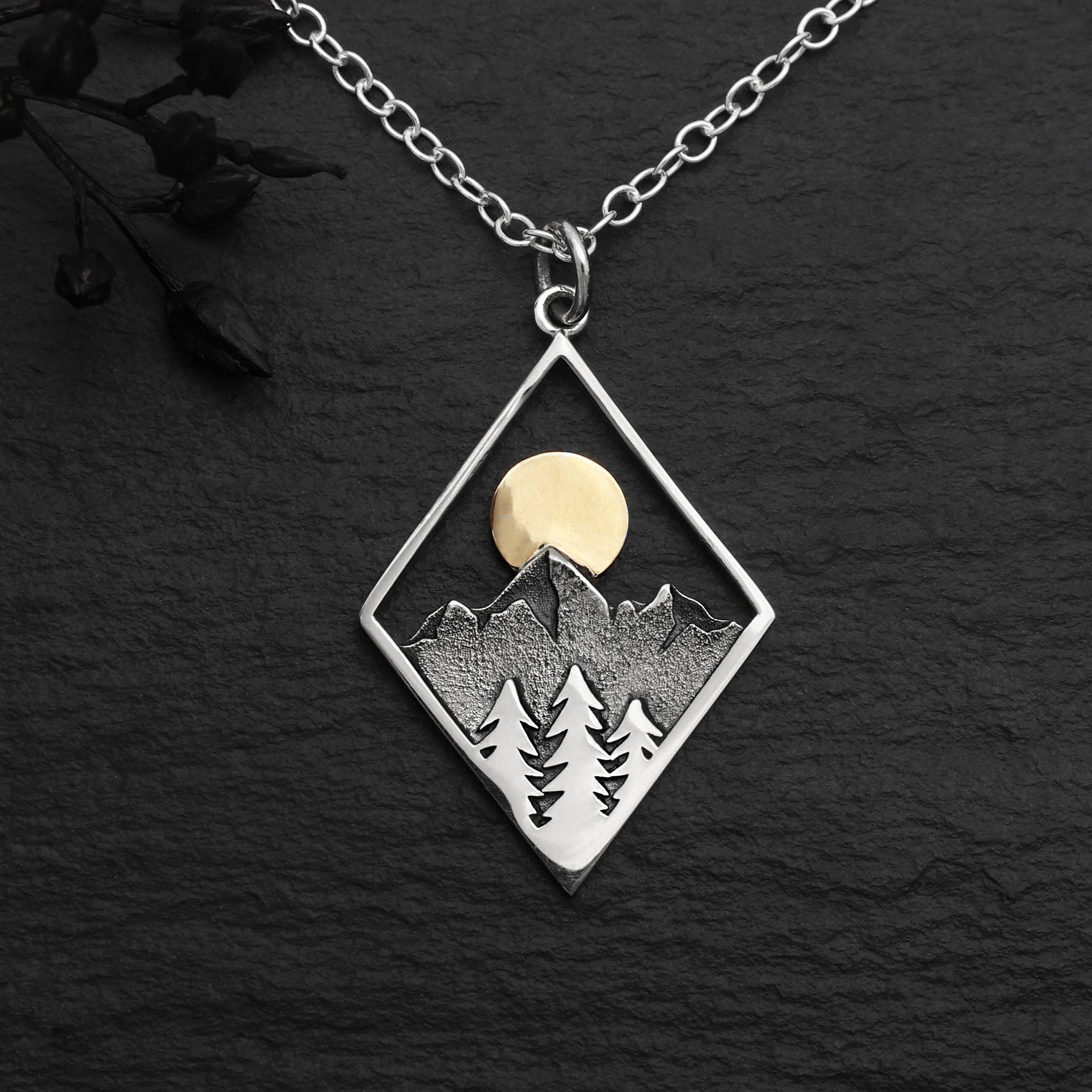 Sterling Silver 18 Inch Mountain Necklace with Bronze Sun