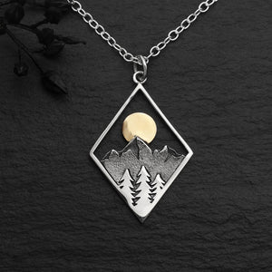 Sterling Silver 18 Inch Mountain Necklace with Bronze Sun