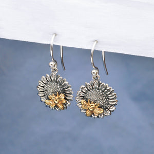 Silver Sunflower Dangle Earrings with Bronze Bee 29x15mm