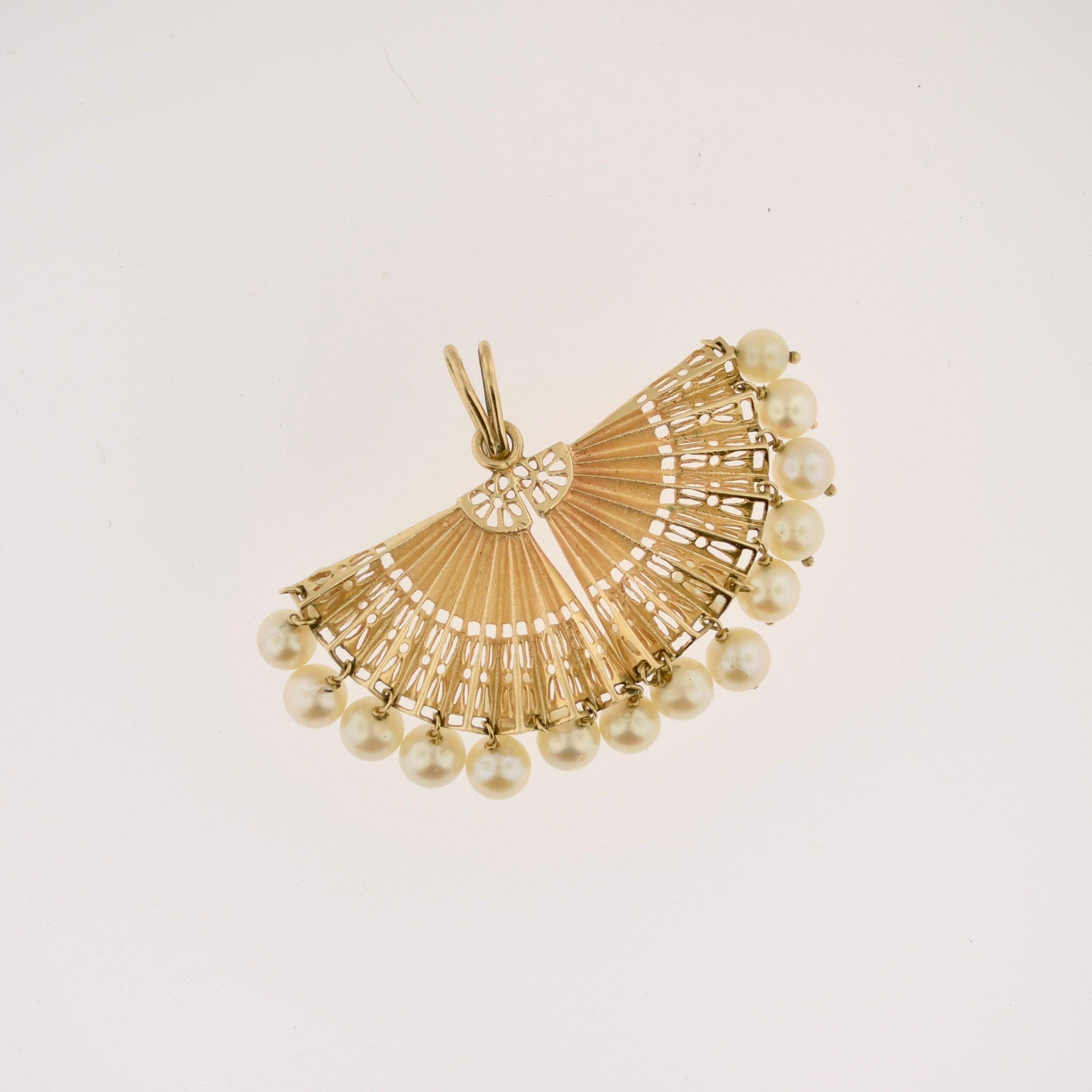Vintage 14k Gold Pearl Fan Pendant - Great Size!
