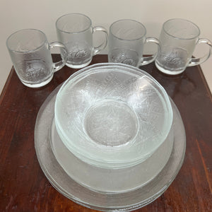 Fun Vintage Coca-Cola Dinner Ware Set Frosted Embossed USA Made Mug Plate Bowl