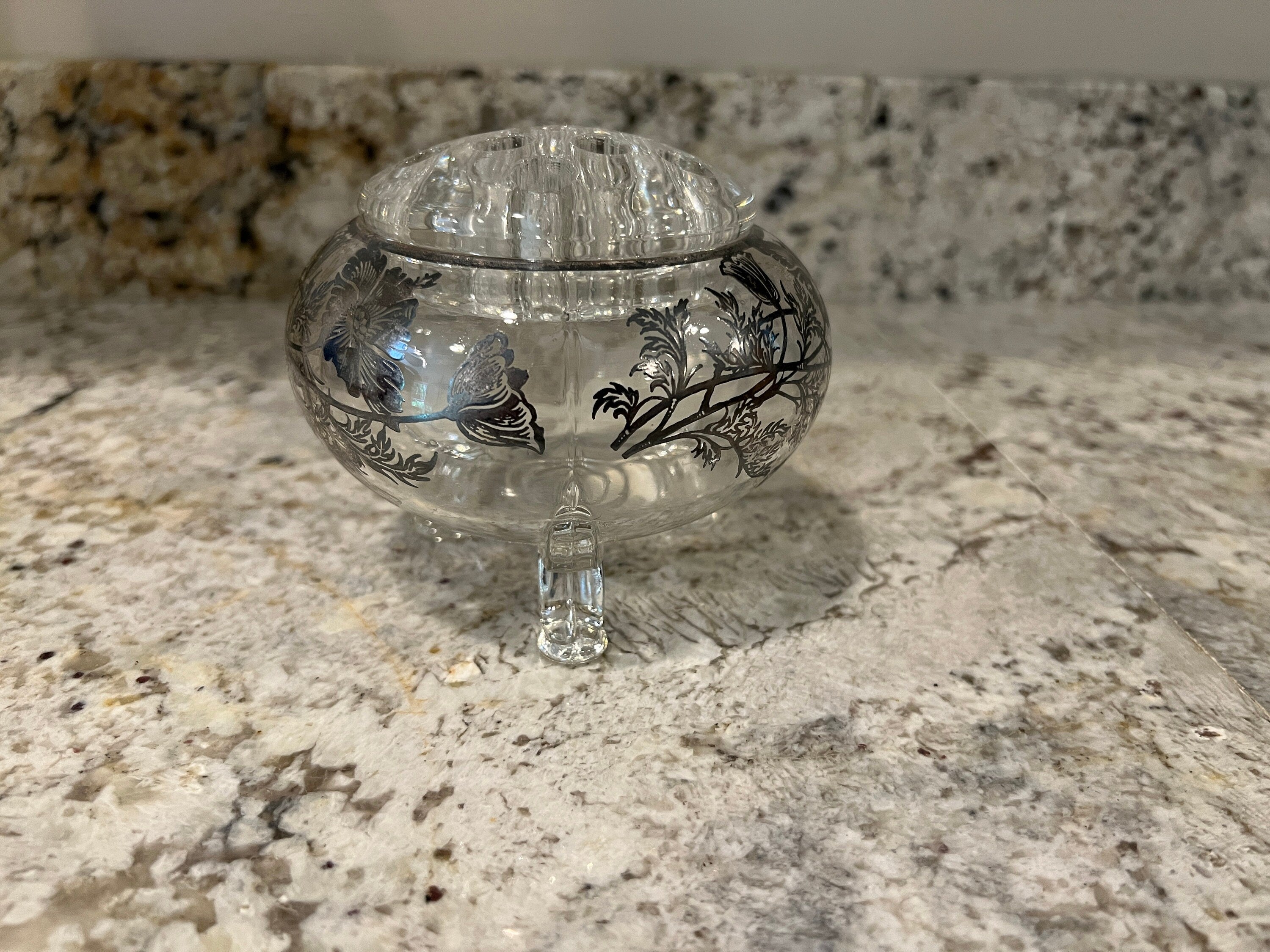 Vintage 3 Footed Rose Bowl Vase Frog with Silver Overlay