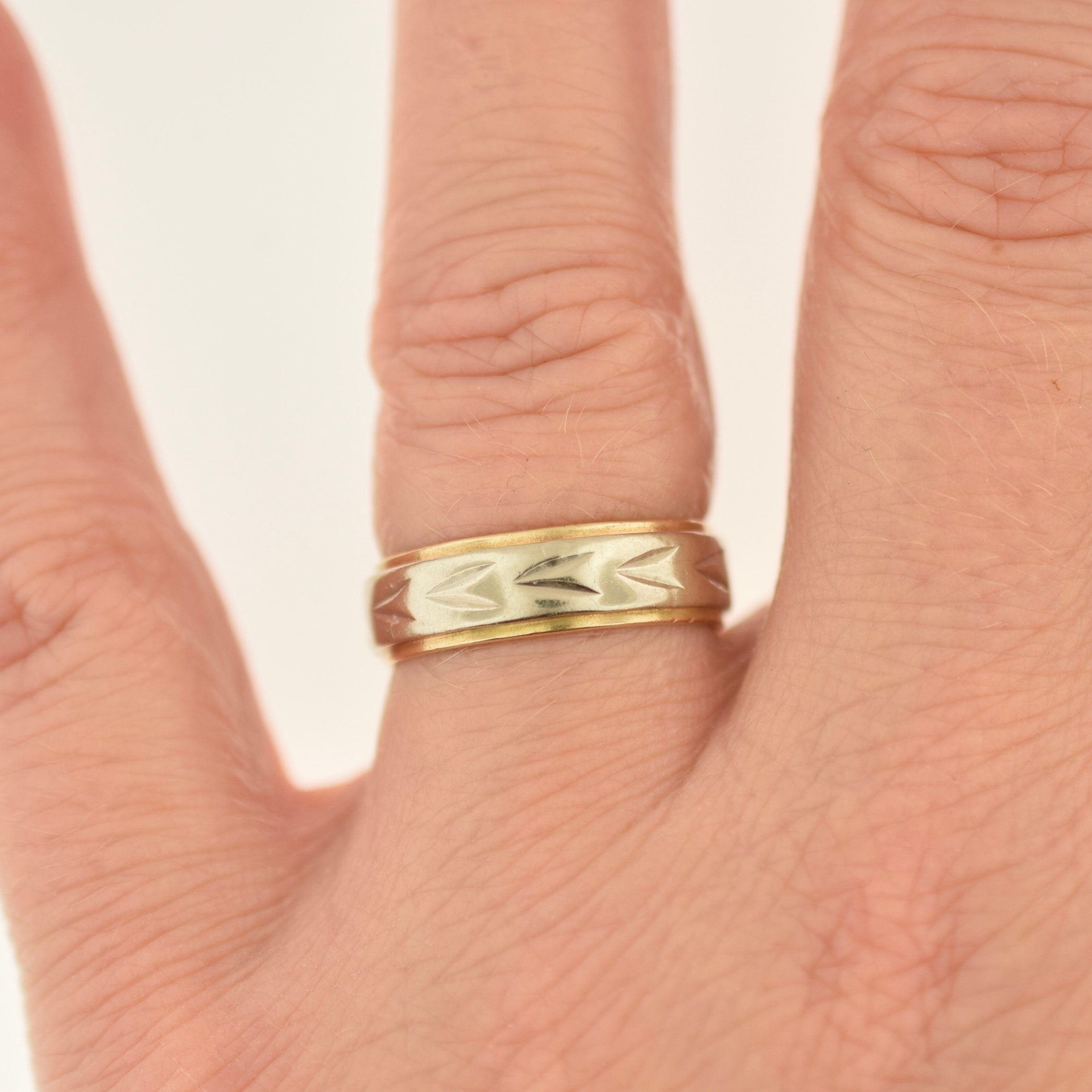 14k Vintage Stacking Band Mid-Century Heavenly Geometric Pattern Wedding Ring 5mm Sz 6.75 MCM Estate Gold Ring Vintage Gold Ring Estate Sale Jewelry Ring for Woman Antique Ring Patterned Band Vintage Gold Band by Heavenly. Rutledge Exchange Camden
