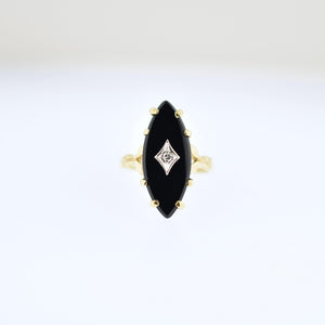 10k Onyx Diamond Navette Ring Yellow Gold - Unusual Elongated Size- MCM Mid Century